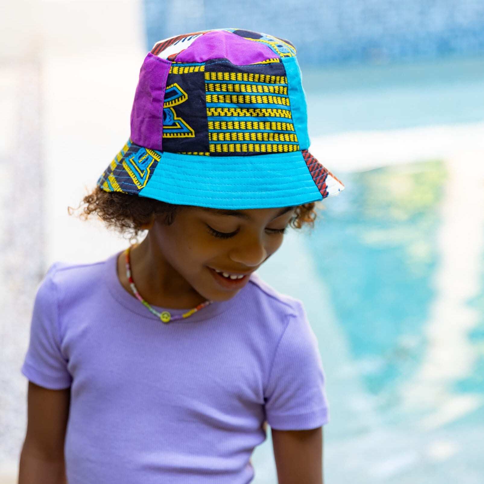 Blue Razz Kids Purple & Blue African Print Patchwork Satin-Lined Bucket Hat