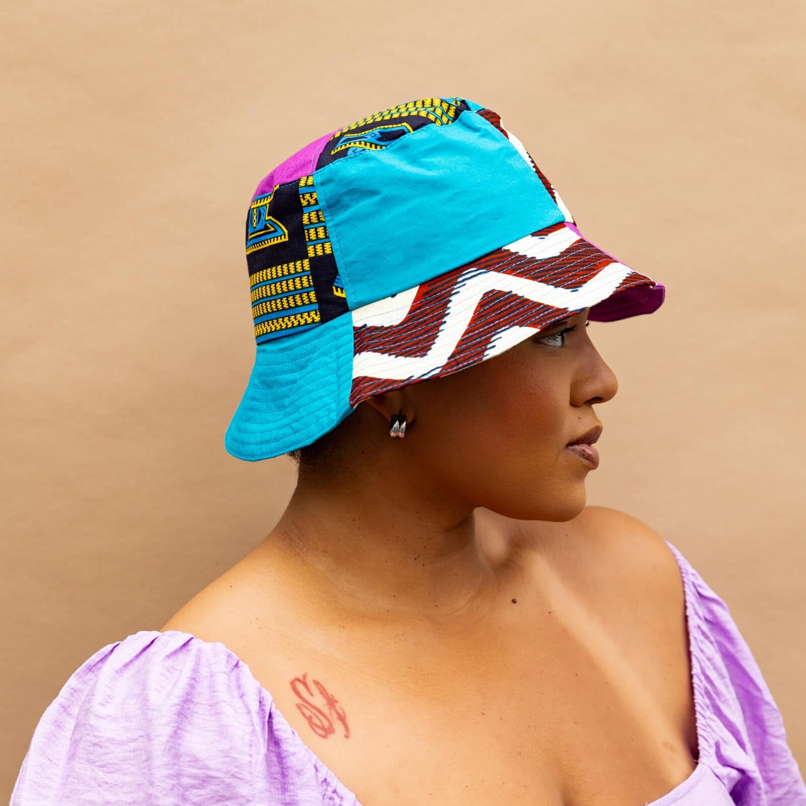 Purple & Blue African Print Patchwork Satin-Lined Bucket Hat