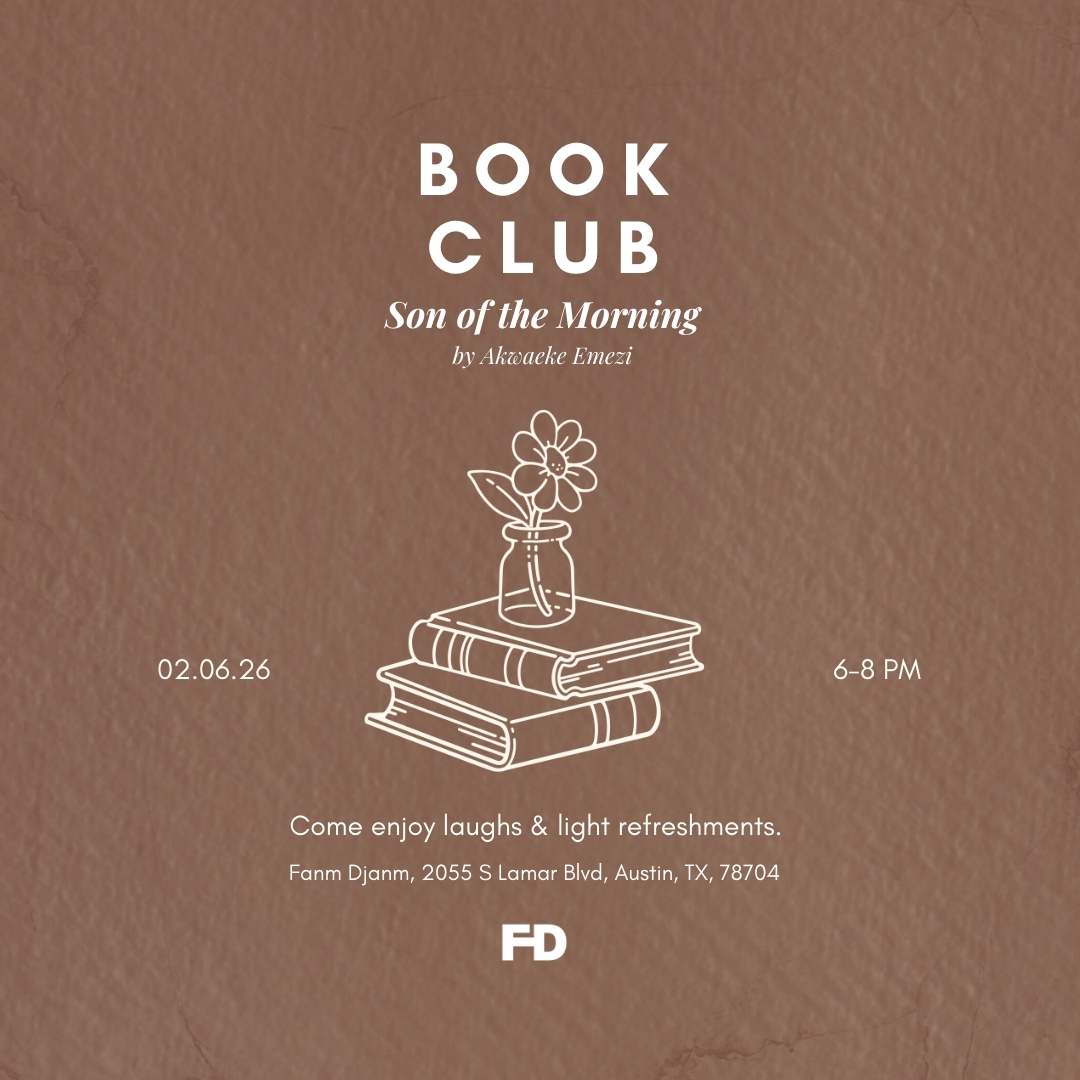 Book Club invitation with books and a flower on a brown background