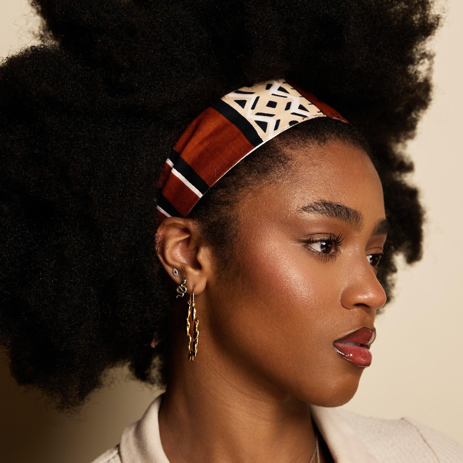 Borneo Light Brown & Beige African Print Satin Tie Headband