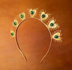 Cheri Gold Plated & Green Jeweled Crown Headband