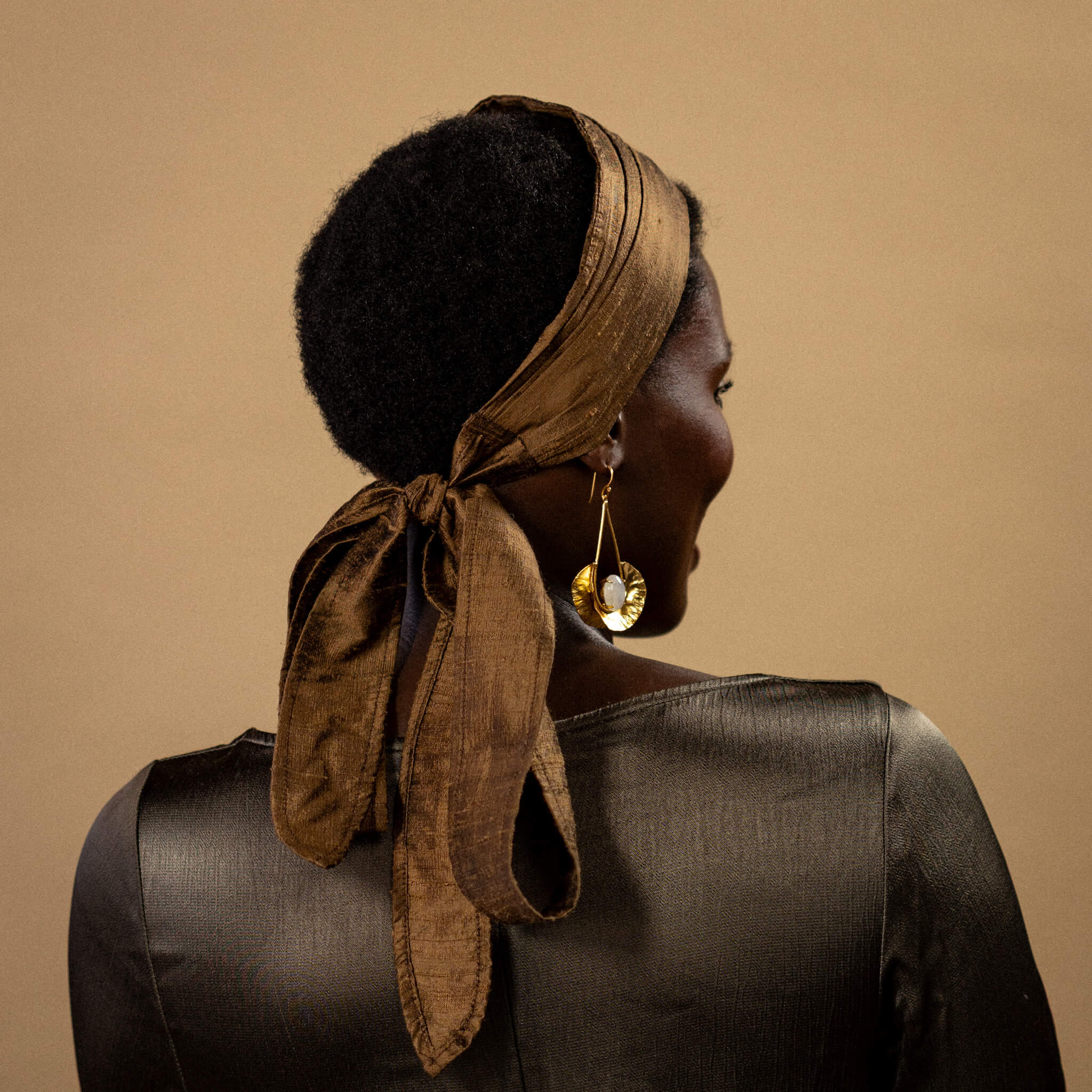 Ganache Chocolate Brown Silk WrapTie Pleaded Headband