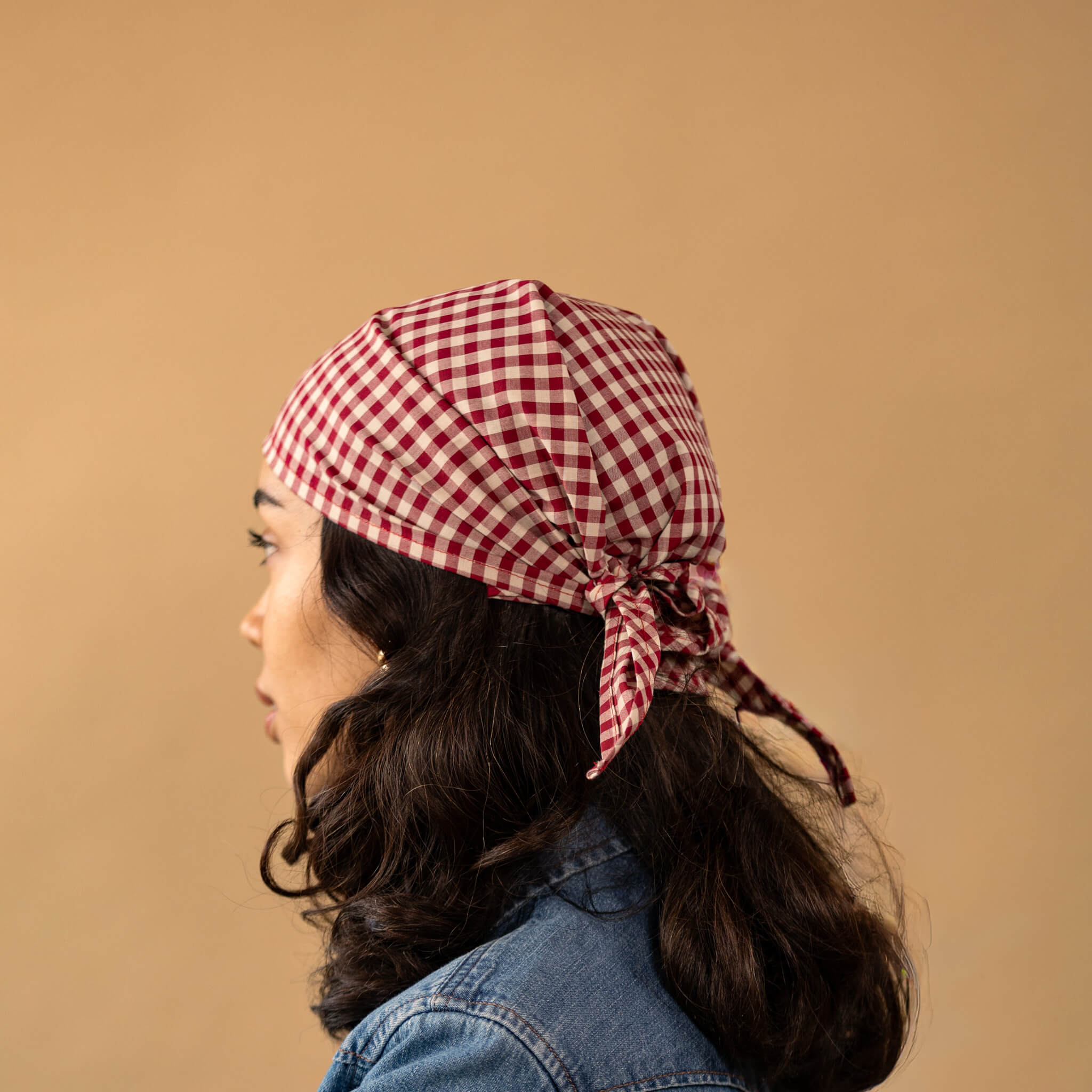 Kokoriko Wine Red Gingham Cotton Triangle Bandana