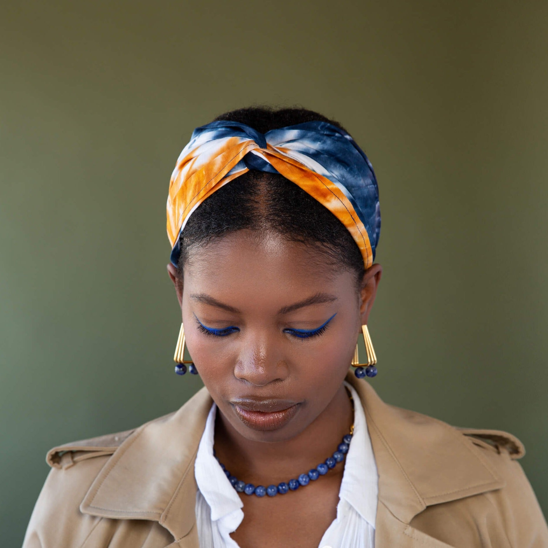Neye Blue, White & Orange Tie-Dye Cotton Twisted Headband