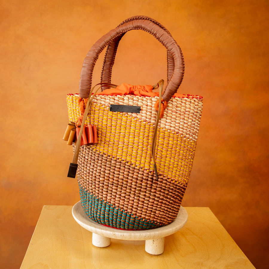 AAKS Tia Grande Geometric Woven Raffia Top Handle Bag