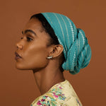 Mauritius Teal Stripe Pattern Woven Cotton Headwrap