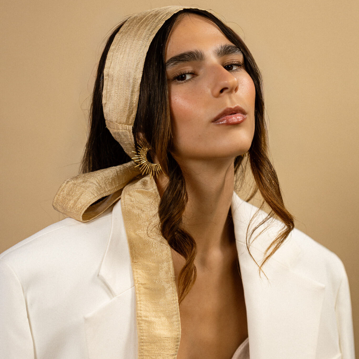 Pearl Tan Silk WrapTie Pleaded Headband