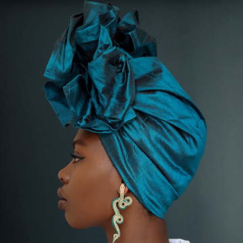 Tango Turquoise/Teal Dupioni Silk Headwrap